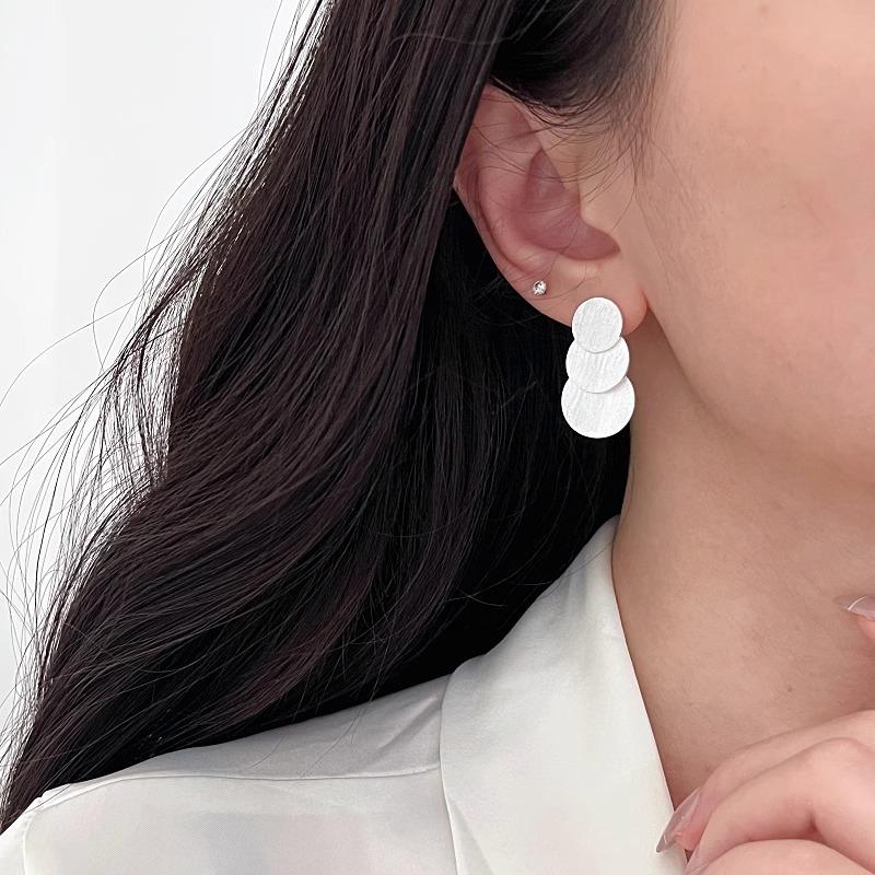 Vintage Three Layer Round Geometric 925 Silver Stud Earrings For Women