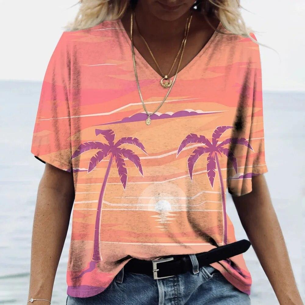 Гавайская футболка, женский топ с v-образным вырезом и коротким рукавом, футболка с принтом кокосовой пальмы, женская одежда большого размера, женский топ для отпуска