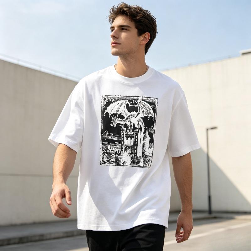 Vintage Woodcut Dragon Castle Graphic Tshirt Casual Short Sleeve Medieval Fantasy Print Crew Neck Unisex Summer Tee Top