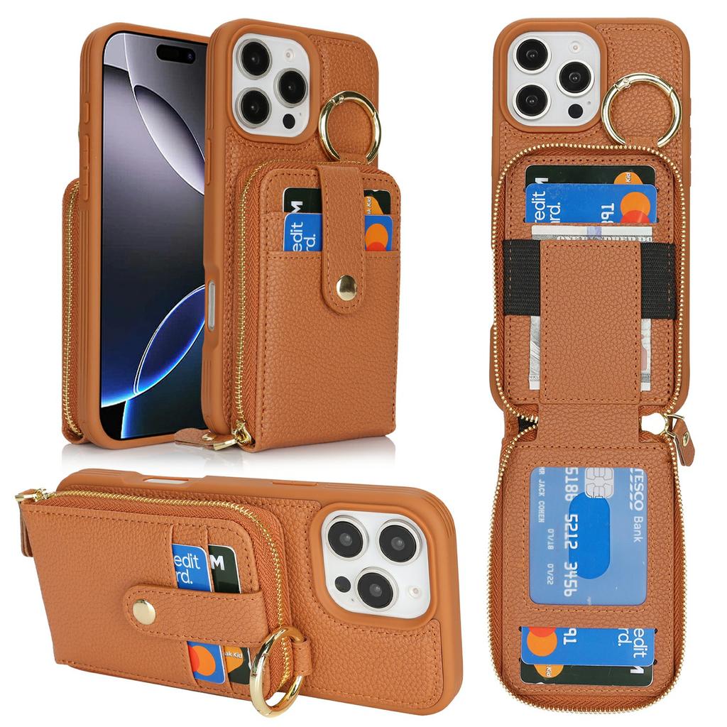 For iPhone 16 Pro Max Case with Zipper Pouch/Ring Kickstand/Strap Litchi Texture PU + TPU Phone Cover