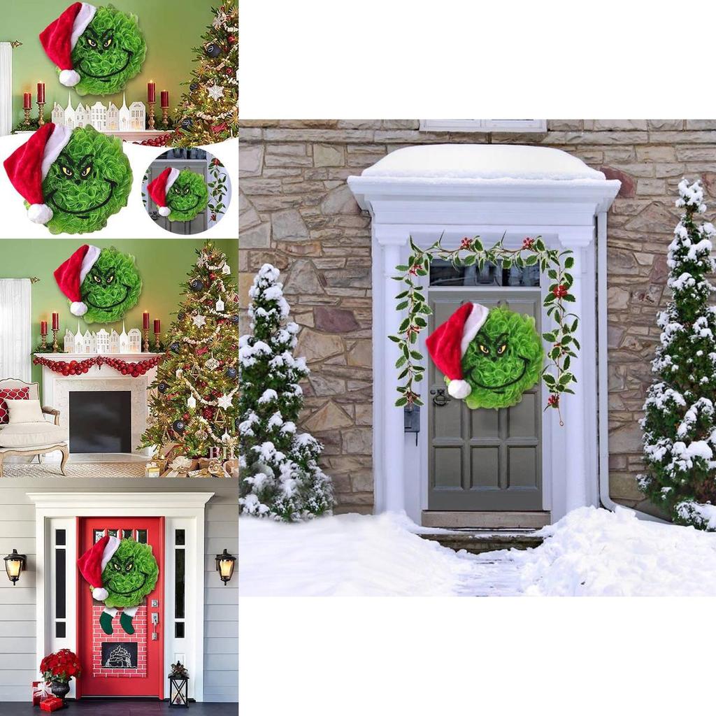 New Grinch Green Monster Plush Christmas Wreath Adorned Festive Holiday Decoration