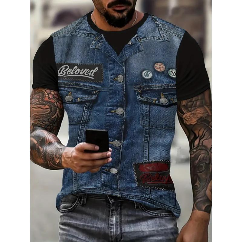 Поддельный жилет, куртка, узор, принт, футболки для мужчин, 3D, новинка, летний хип-хоп тренд, топ, мода, свободные, крутая уличная мужская одежда