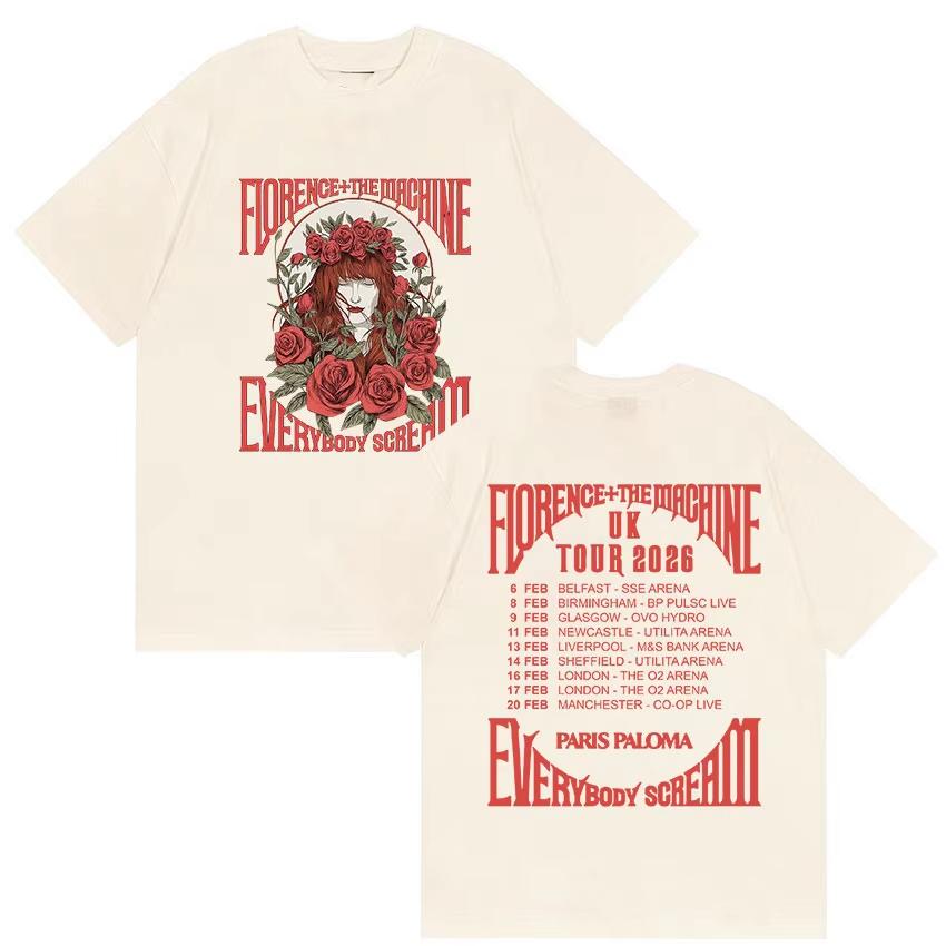 Florence  The Machine Everybody Scream Tour 2026 Print T Shirts Unisexs Women Vintage Fashion pure Cotton Tshirt Streetwear
