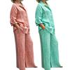2 Pcs/Set Women Shirt Pants Suit Solid Color Breathable Buttons Loose Lightweight Soft Single-breasted Plus Size Turn-down