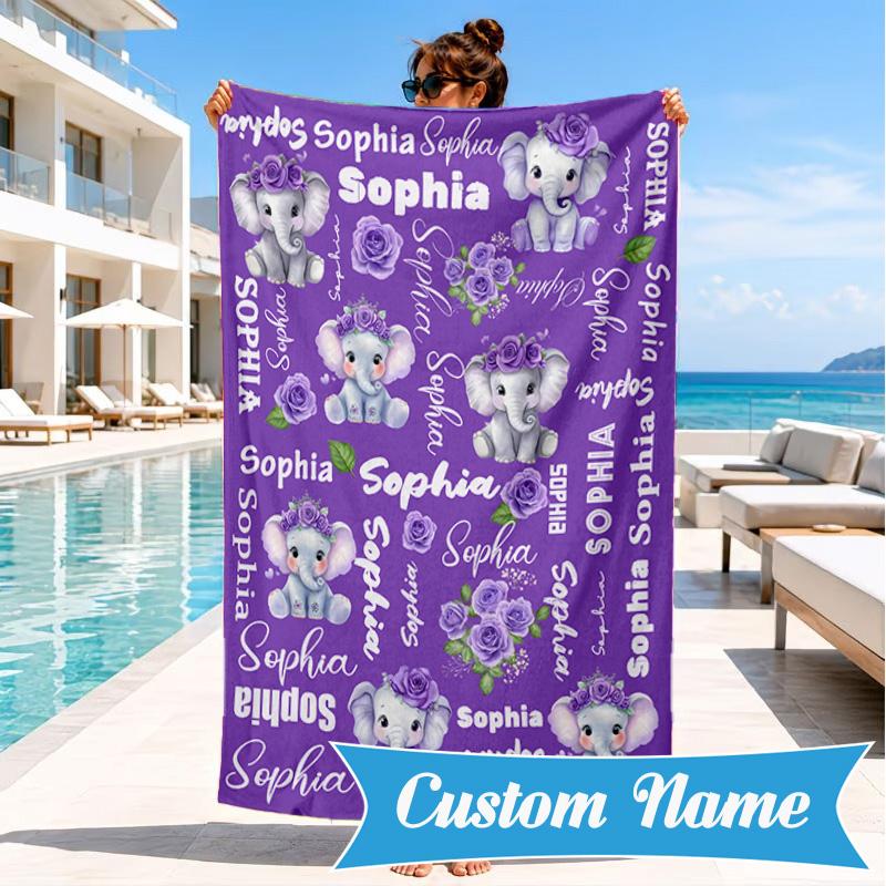 Custom Name Purple Elephant Beach Towel Microfiber Beach Towel, Lightweight and Quick-Dry, for Summer Travel, Swimming Pool Gift