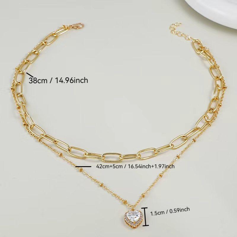 Elegant Fashion Sparkling Heart Pendant Double Layered Collarbone Chain Jewelry Suitable for Daily Commuting & Parties