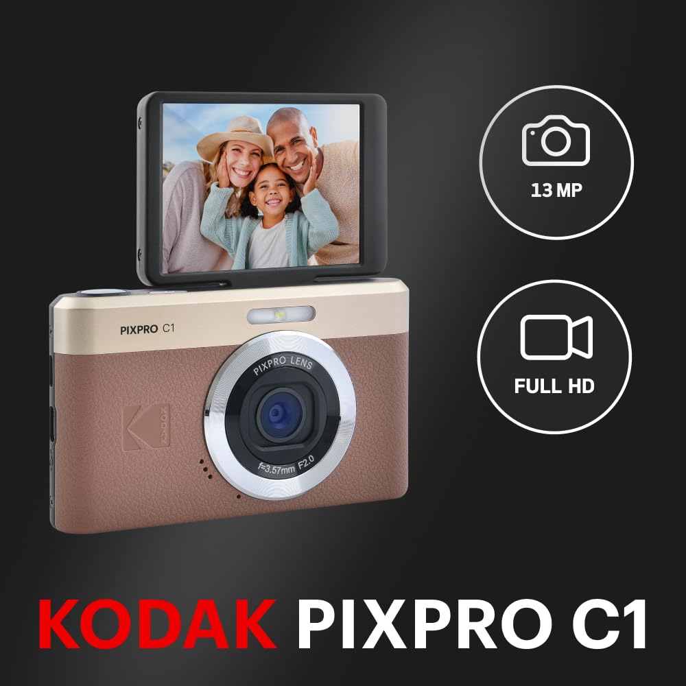 KODAK Pixpro C1 – Ultra-Compact Digital Camera 13MP BSI CMOS, 4x Zoom, 2.8-inch LCD Screen, LED Flash – Marron