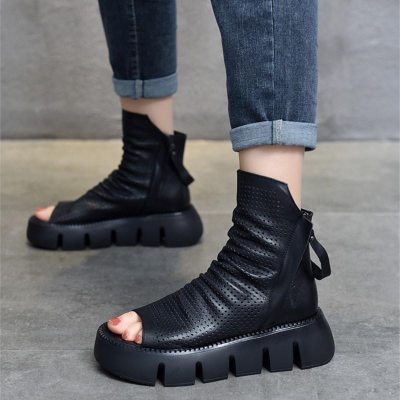 Johnature Модные туфли на платформе на толстой подошве, женские сандалии из натуральной кожи с открытым носком, сапоги с открытым носком