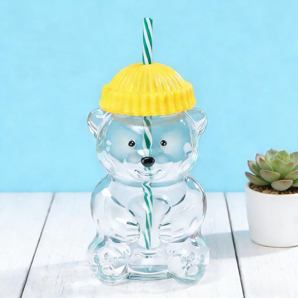 Cartoon Bear Glass Bottle with Straw 20oz Beverage Milk Bottle for Iced Coffee Heat Resistant Limited Edition Glass Bear Mug