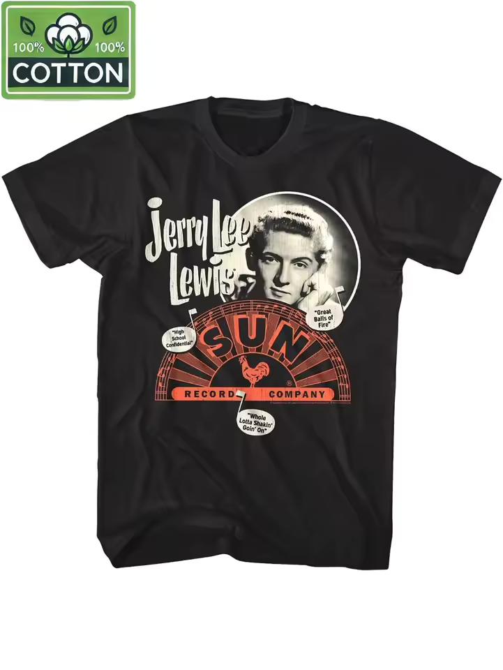 Jerry Lee Lewis Sun Records Retro Rock T-Shirt Heavyweight cotton T-shirt Great Balls of Fire design 1950s icon retro style