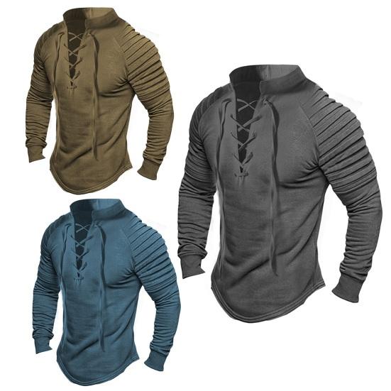 Мужской пуловер на шнуровке в стиле ретро с воротником-стойкой, плиссированные однотонные однотонные футболки с длинными рукавами, облегающие повседневные футболки, уличная одежда