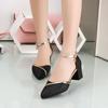 Лето 2025 новая корейская версия популярные остроносые сандалии на толстом каблуке с ремешком на подъеме женская мода остроносые сандалии женские на пуговице