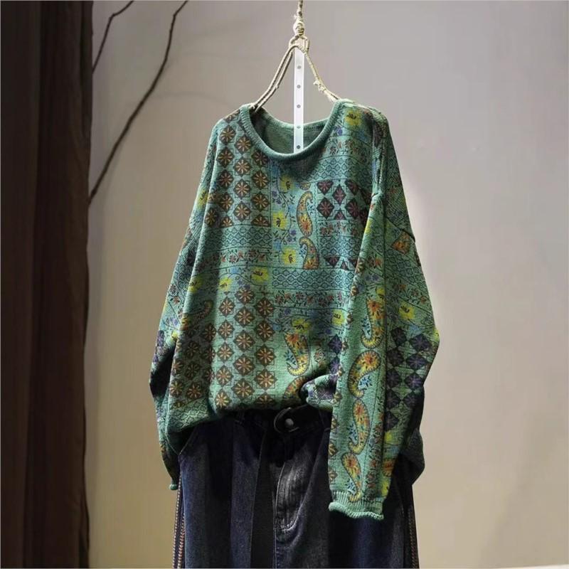 Johnature Vintage Print Loose Casual O-Neck Sweater Woman Winter Niche Long Sleeves Retro Personality Sweaters