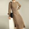 Autumn and Winter Lantern Sleeves Retro Jacquard Knitted Dress Women Mid Length Waist Wrap Hip A-line Sweater Over Knee Dress