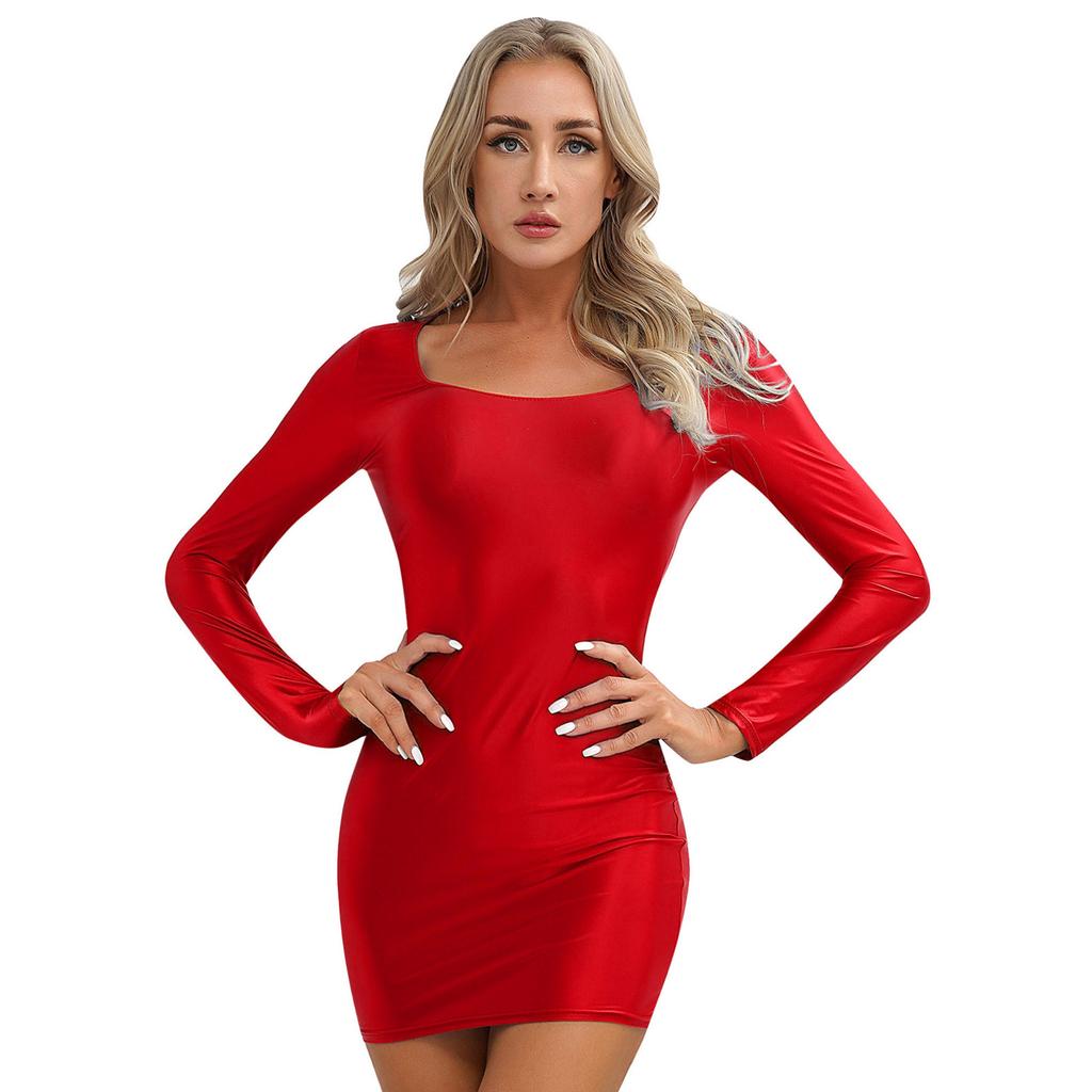 Women's Long Sleeve Bodycon Tight Pencil Dress Oil Glossy Sheer Micro Mini Dress Clubwear