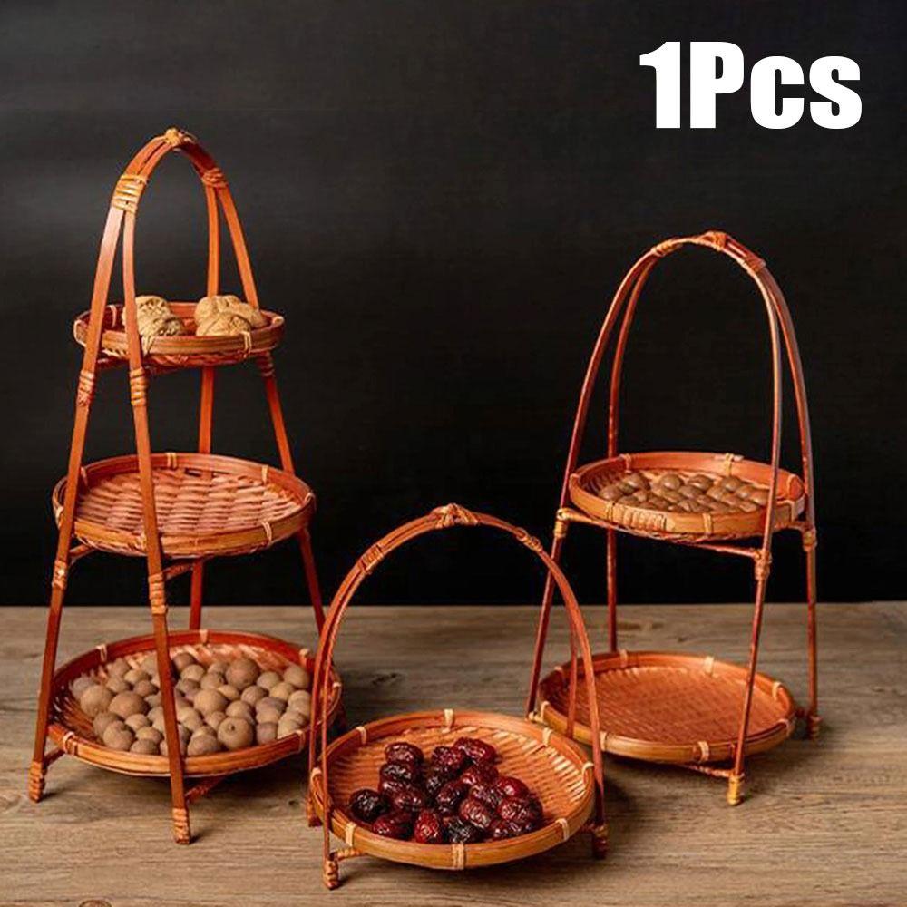 1Pcs 1/2/3 Layers Storage Basket Multi-function Standing Tray Bamboo Woven Basket For Kitchen