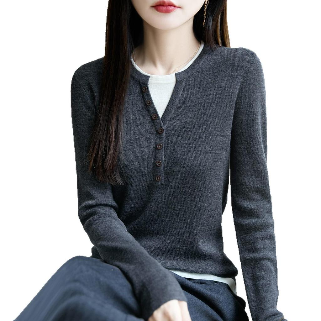 Women's 100% Pure Wool Crew Neck Knitted Sweater - Fake Two-Piece Long Sleeve Base Shirt for Autumn