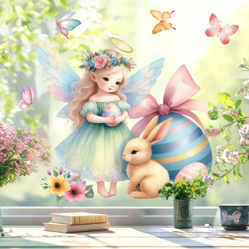 1 Sheet Cute Rabbit Egg Decals Easter Stickers Angel Rabbit Showcase Entrance Glass Electrostatic Patch Easter Party Decoration