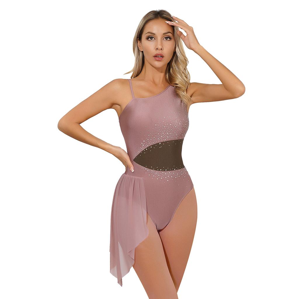 Womens Figure Skating Dance Performance Costume Glittery Rhinestone Irregular Shoulder Leotard Color Block Sleeveless Bodysuit