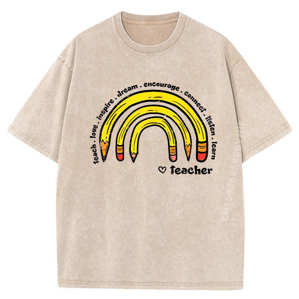 Rainbow Pencils Heart Teacher Teach Love Inspire Graphic T Shirts 100 Cotton Washed New In Tops Tees