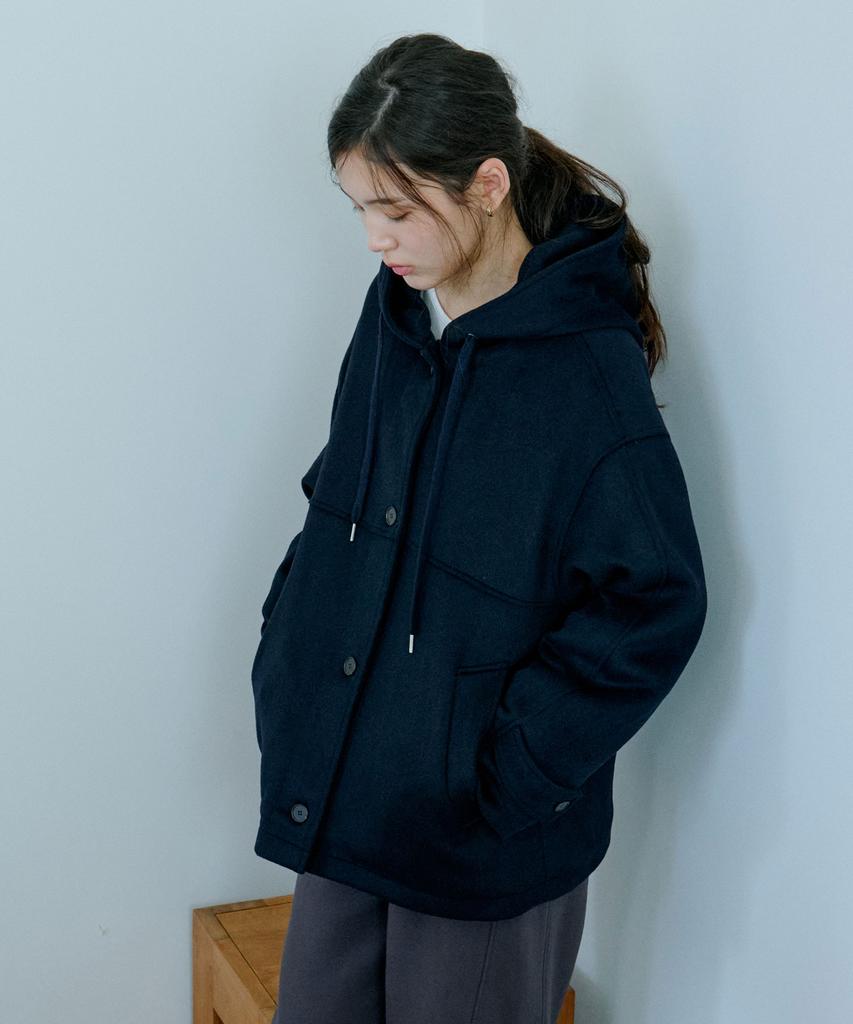 GRASPLAN Wool Hood Half Coat_Navy