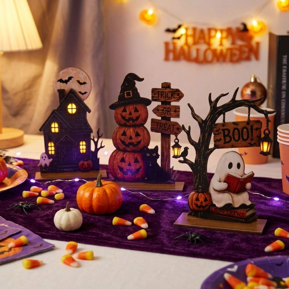 Vintage Halloween Wooden Tabletop Sign Trick or Treat Haunted House Statue Shelf Decor