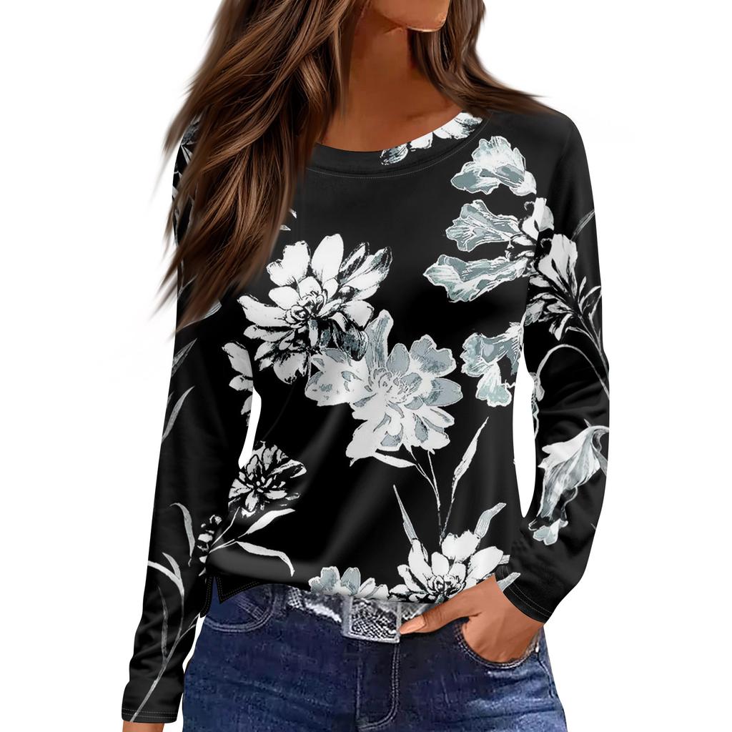 Women's Fashion Casual Slit Hem Round Neck Long Sleeve Loose Printed T-Shirt Ladies Top