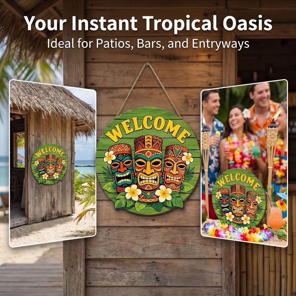Rustic Summer Theme Hawaiian Tiki Mask Bar Sign Retro Round Bar Signage Handmade Decorative Tags Party Decoration