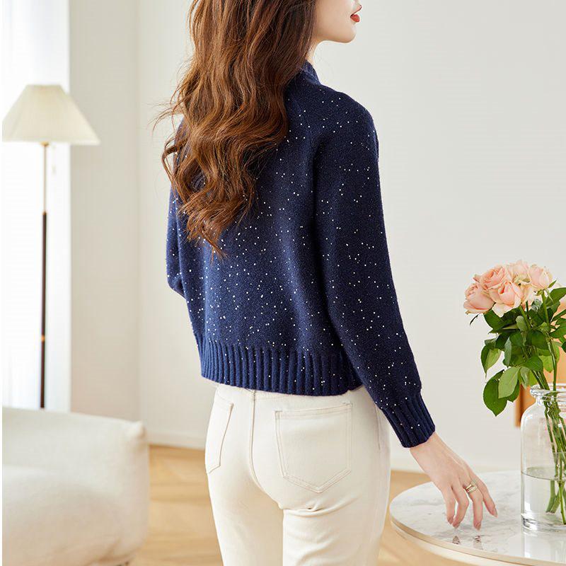 Осенний женский кардиган-шаль из блестящего трикотажа с длинными рукавами