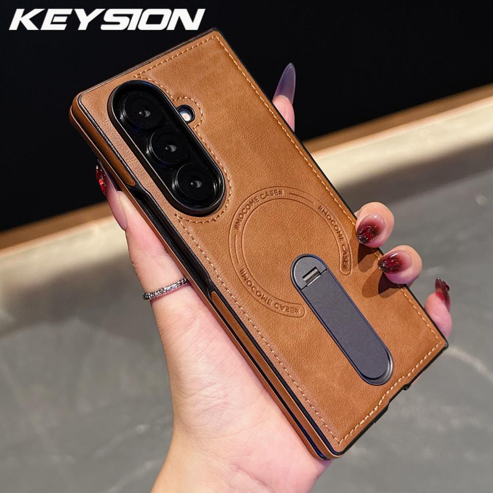KEYSION Роскошный ретро чехол из ПУ кожи для Samsung Galaxy Z Fold 7 6 5 4 3 5G, вращающаяся на 360° подставка, противоударная задняя крышка для телефона