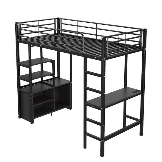 Loft Bed, 90x200cm, No Mattress, Bed with Desk, Socket And USB, Multiple Shelves, Open Storage Cabinet, Railing, Ladder, Iron Frame,