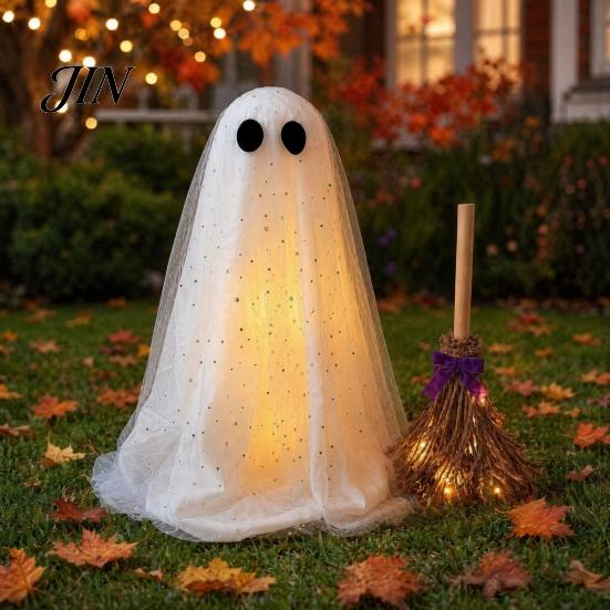 Stable Floor Support Ghost Halloween Decoration with Broom, Spooky Sequins Mesh White Ghost, Cute Witch Broomstick Lights Adjustable Standing