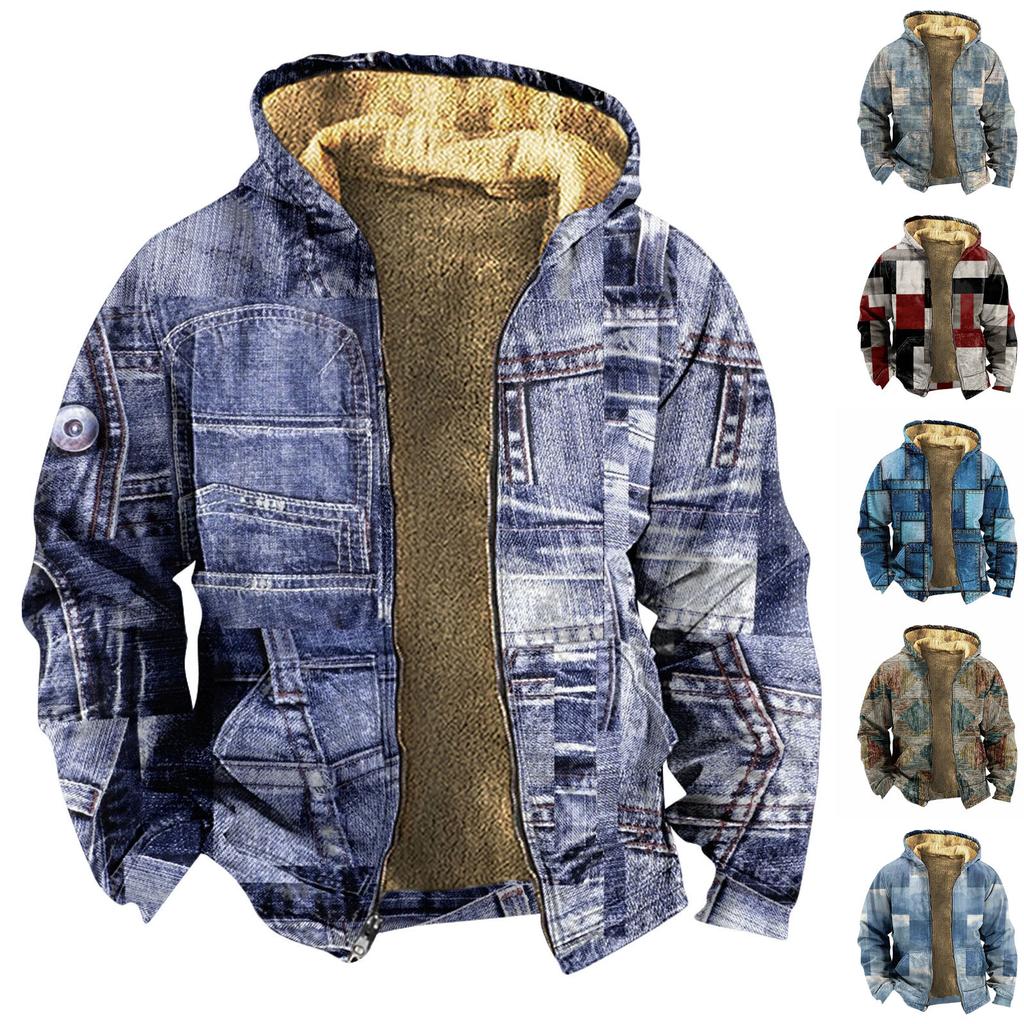 Men's Personalized Casual Printing Long Sleeve Zipper Sweater Thick Cotton Suit Winter