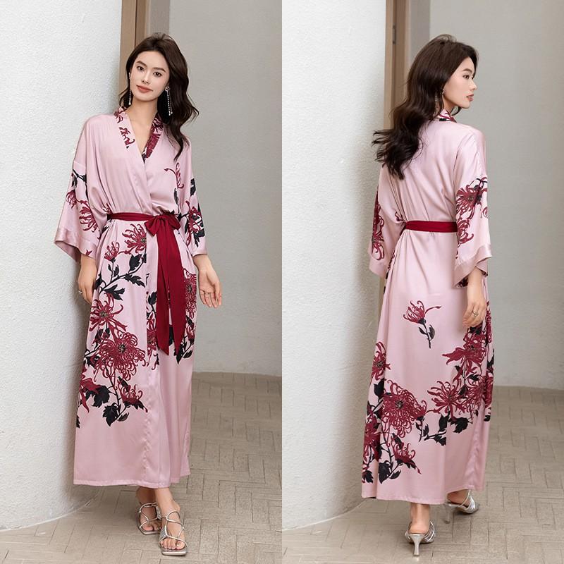 Satin Printed Robe Women Plus Size Lightweight Long Sleepwear Home
