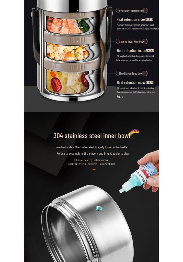 Stainless Steel Multi-Layer Bento Box: 24-Hour Ultra-Long Heat Preservation for Office Workers & Students, Large Capacity, Portable & Ideal for Winter