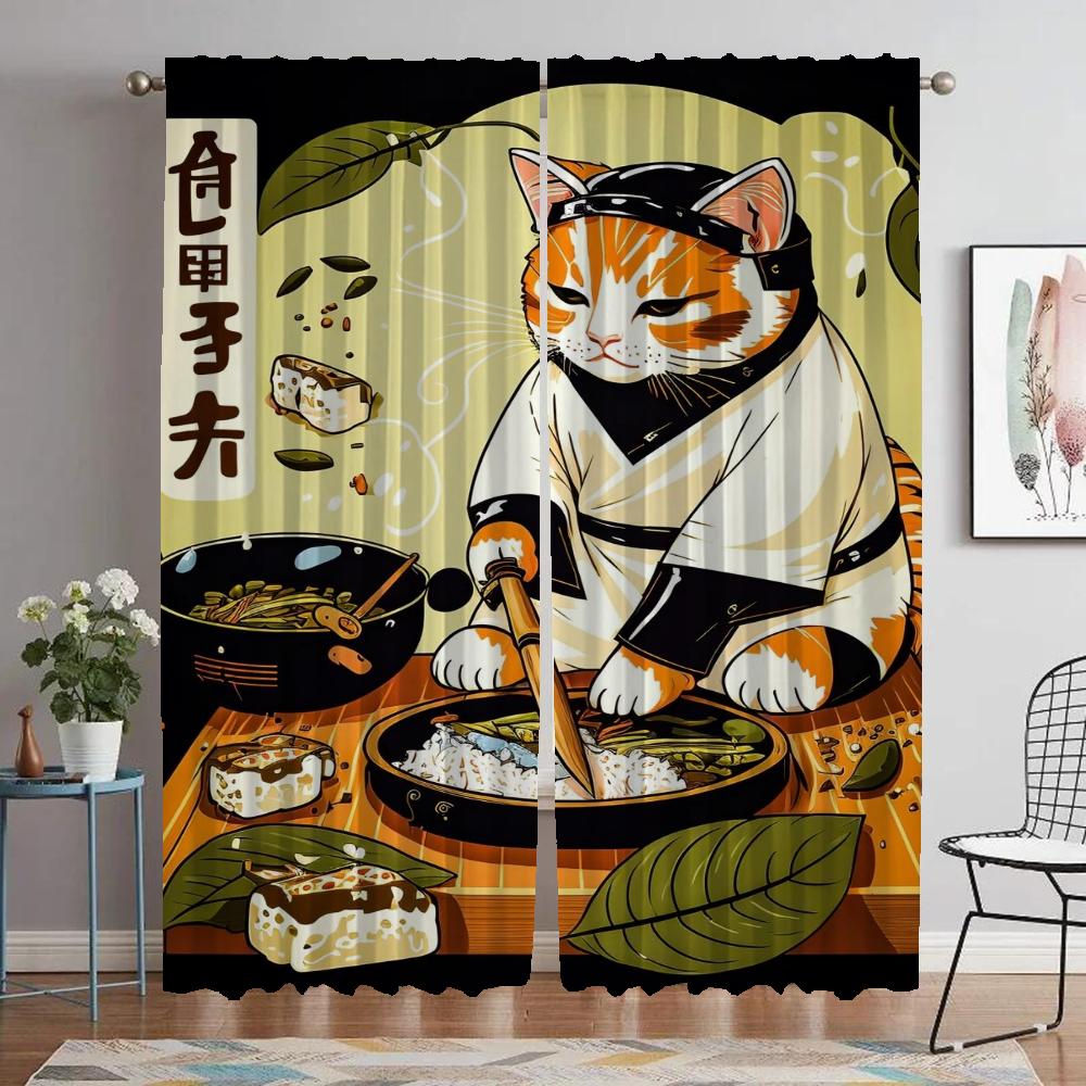 Sushi Cat Blackout Curtains for Camera Partition Elegant Room Curtains 2 Pieces Halloween Decoration Tulle for Bedroom Shades