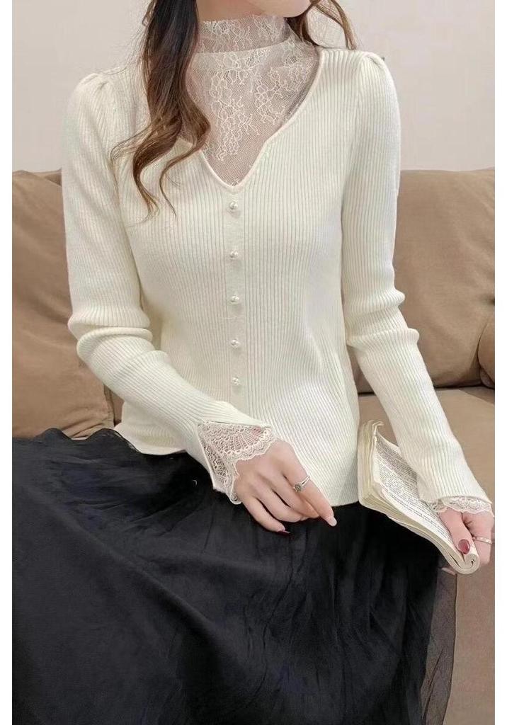 Langsha Women's V-Neck Lace Trim Pullover Sweater
