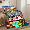 Bright, colorful Roblox-themed scene with characters and diverse landscapes. for all seasons blanket lunch break throw gift