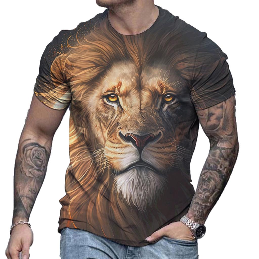 Men's Summer Lion Pattern Tee Casual Loose Sports Top 3D Printed Short Sleeve Retro Men T Shirt