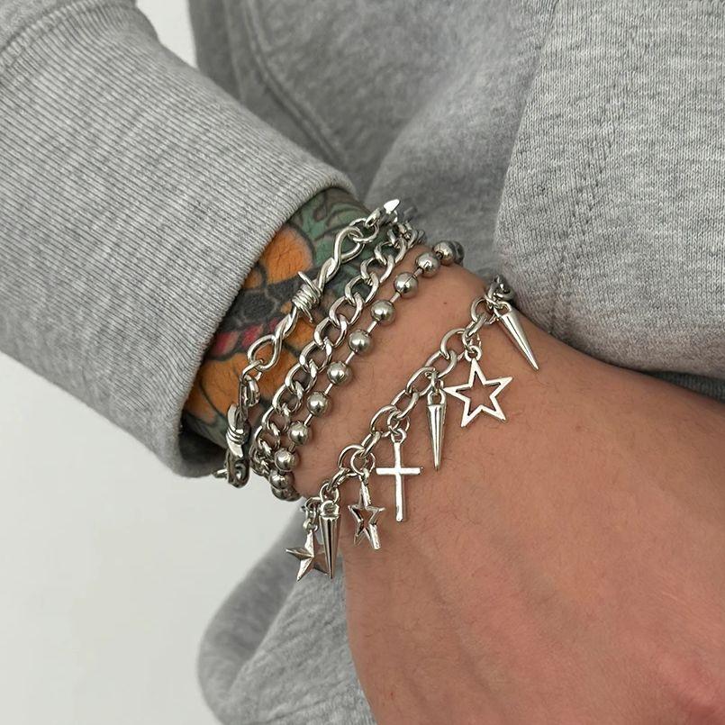 SHIXIN Trendy Multi Layer Stackable Cuban Chain Bracelet Men Hip Hop Pentagram Jesus Cross Rivet Pendant Bracelet Punk Jewelry