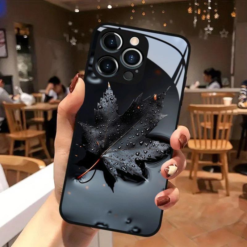 Стеклянный чехол для телефона с черным узором в виде листьев для iPhone 17 16 15 14 13 12 11 Pro Max 16E 17Air 7 8 15 Plus XR XS X