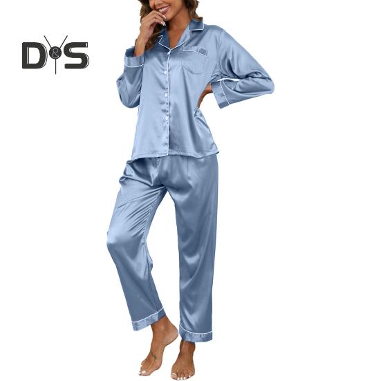 Пижамный костюм из 2 предметов, атласный однобортный кардиган, рубашка с V-образным вырезом, воротником-стойкой, однотонная рубашка с нагрудным карманом, широкие свободные брюки, ночная рубашка