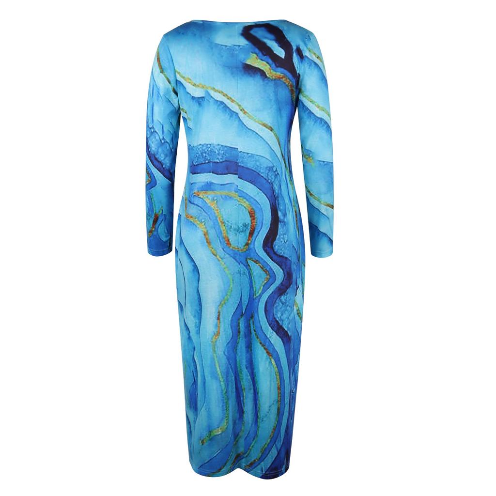Women's And Winter Printed Round Neck Long Sleeve Dress With Pockets