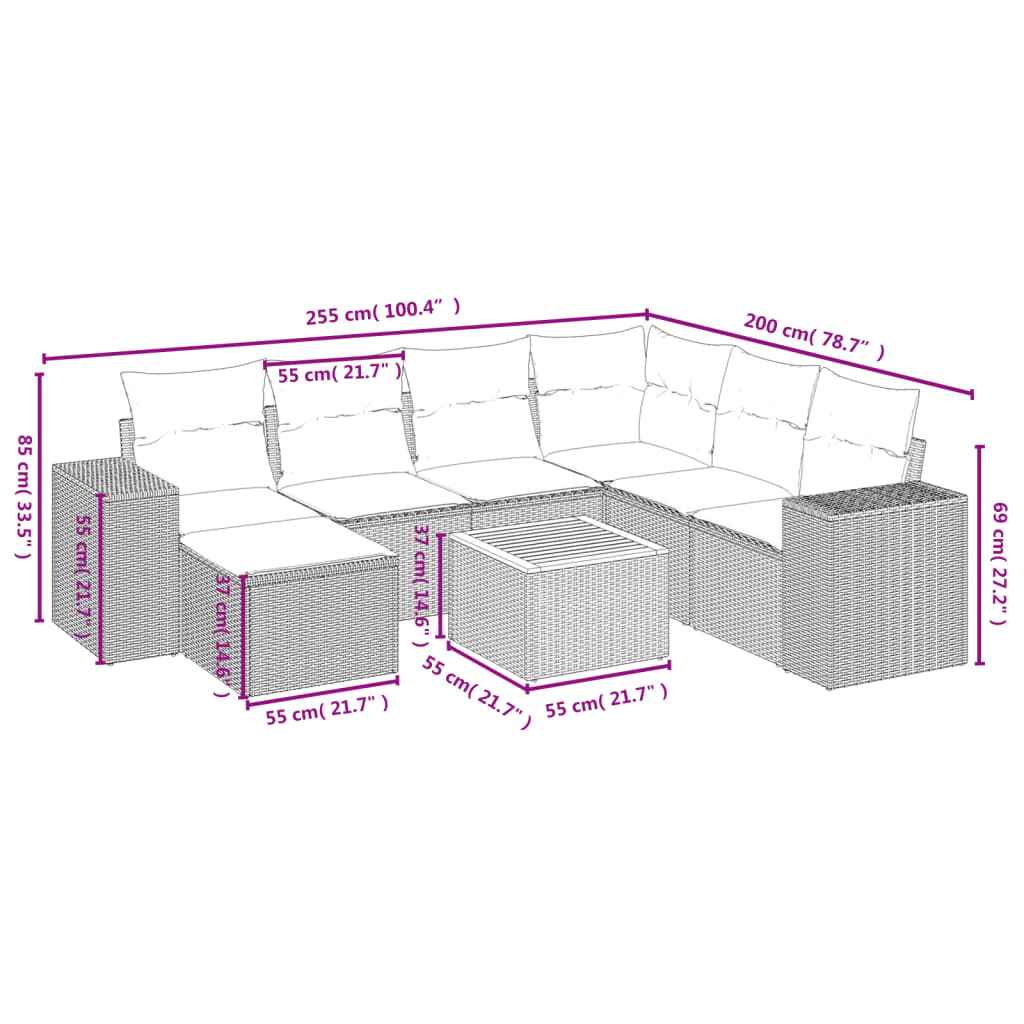 8 Piece Grey Garden Sofa Set with Cushions Poly Rattan