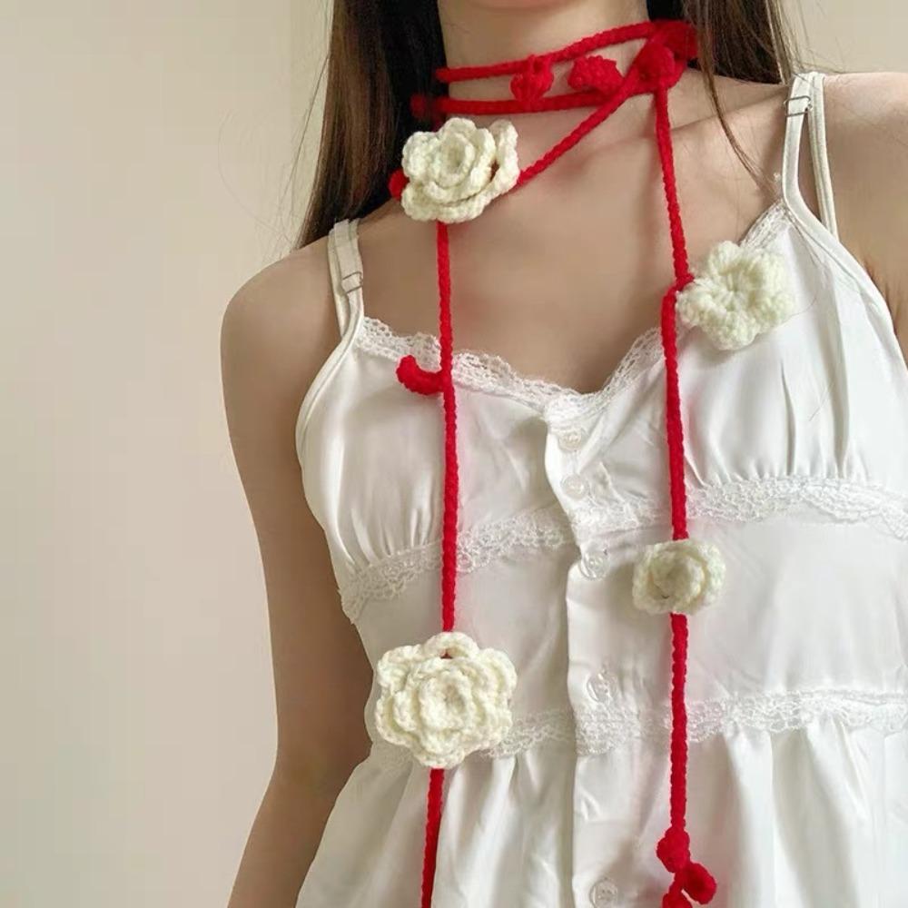 Thin Rose Flower Shawl Wool Long Narrow Scarves Soft Flower Knitted Scarf  Ladies