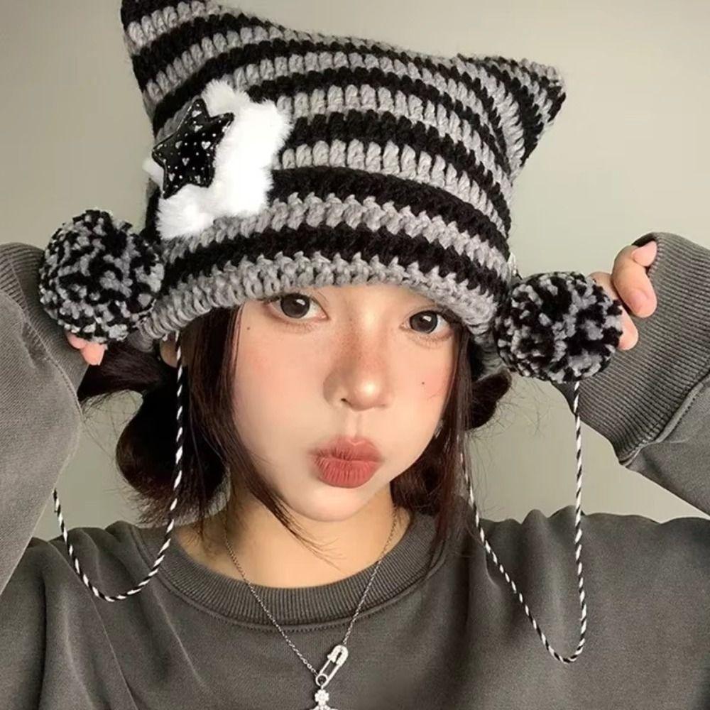 Y2K Cute Y2K Beanie Hat Striped Knitted Beanie Hat Knitting Wool Cap Autumn Winter
