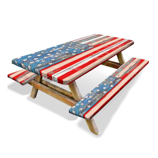 Picnic Table Cover Set American Flag Fitted Table Cover with 2 Bench Covers Waterproof Windproof Tablecloth with Elastic Edges for Outdoor Camping