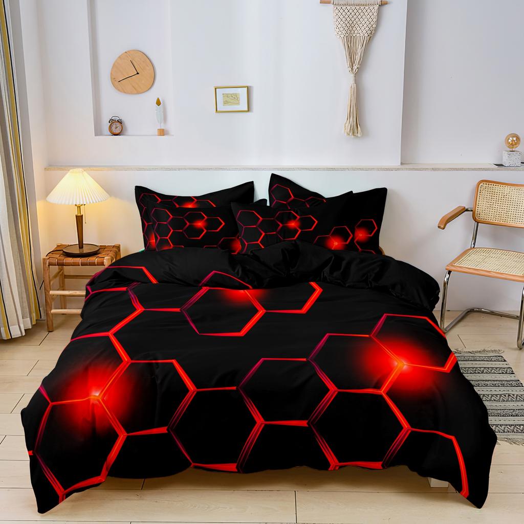 3pcs Geometric 3D Hexagonal Honeycomb Pattern DuvetCover SetDigital Print Colorful Polyester Bedding with Zipper Closure