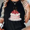 Принт "Вишневый пирог" Короткий рукав Круглый вырез Повседневная Спортивная Короткий рукав Круглый вырез Летняя одежда s Харадзюку Рукав Повседневная