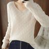 Loose Solid V-neck Knitted Sweater Women's Thin Spring and Autumn Hollowed-out Long-sleeved Bottom Shirt Fashion Outerwear Top